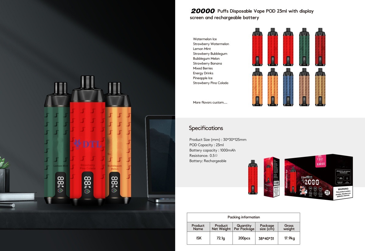 20000 Puffs DL/DTL Wegwerp E-sigaret Vape Apparaat E-Shisha/Hookah met Scherm, Luchtstroomregeling en oplaadbaar